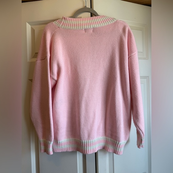 Vintage 80s mister NOAH Preppy Pink and White Striped Cardigan Sweater Size M - Picture 2 of 4